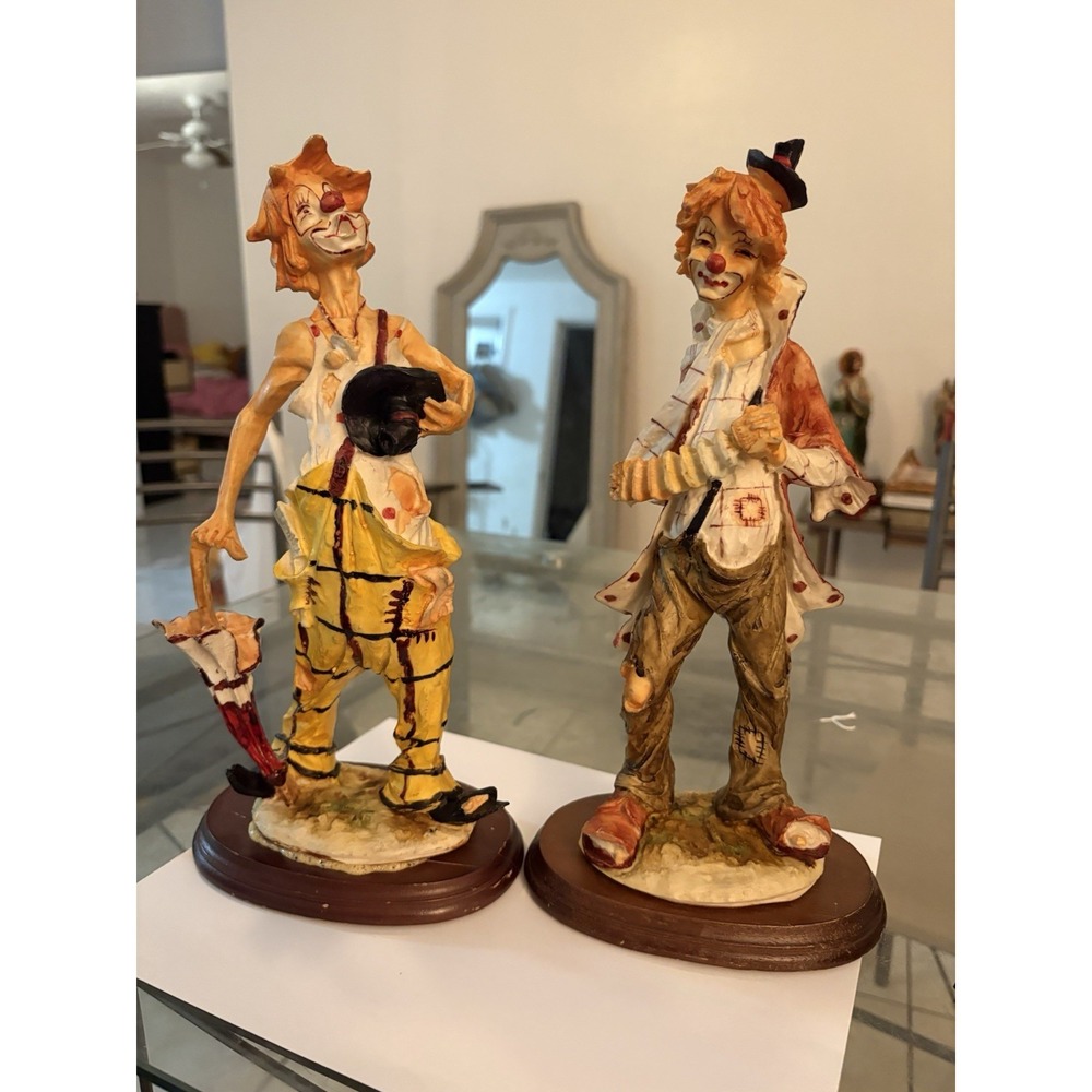 Vintage Hobo Clown Figurines Set of 2 Accordion & Umbrella Resin Wood Base 12"